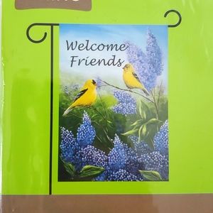 Rain or Shine Welcome small garden flag 12.5" x 18" with yellow birds